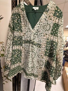 entro V-neck Green Paisley & Floral Patchwork Button-Down long sleeve Shirt